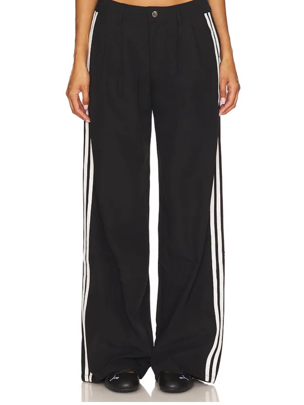 Olivaceous Black Wide-Leg Pants With White Side Stripes